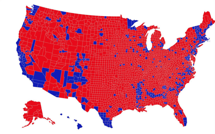 A 2020 presidential election map showing a swath of red across the country, with blue only in certain pockets (namely, the counties that are predominantly urban.