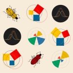 A series of hand-drawn illustrations, images and icons on a tan background.