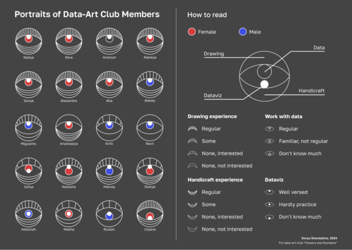 A visualization entitled "portraits of data art club art" with a series of 20 eye-shaped illustrations, with each element of the design presenting an individuals understanding of data viz.
