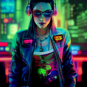 A digital illustration of a futuristic woman in a vibrant, neon-lit urban setting. She wears headphones, sunglasses, and a blue jacket adorned with patches. The scene is bathed in glowing neon colors, emphasizing the cyberpunk aesthetic.