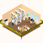 An isometric illustration of a library, filled with books and coworking tables, is enclosed by yellow police tape which read "lockdown."
