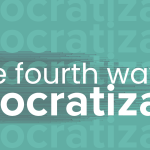 A header graphic for "The Fourth Wave of Democratization," with layered text and a stylized wave pattern in teal tones.