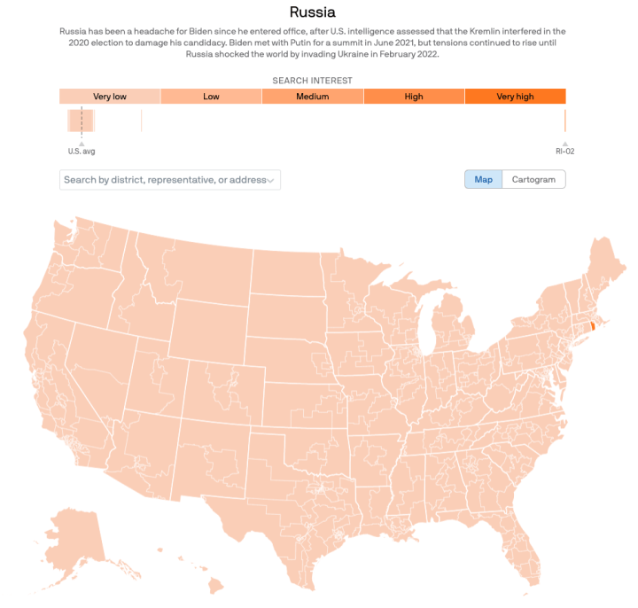 Map of US showing search interest in Russia, with all districts the same color orange except for one district in RI, which is much darker