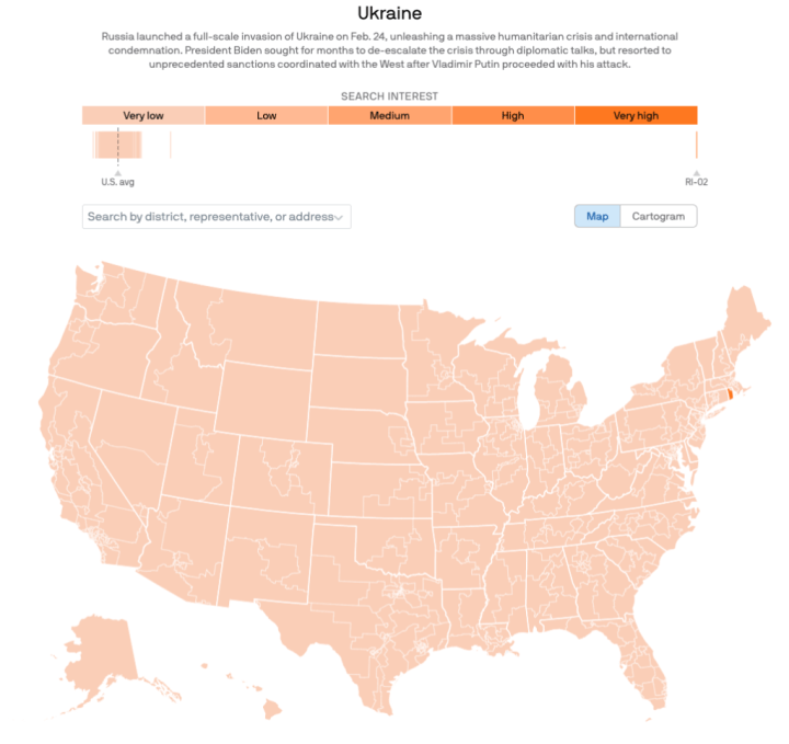 Map of US showing search interest in Ukraine, with all districts the same color orange except for one district in RI, which is much darker
