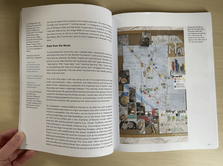 An open book with the header "data from the rooms" with a page of connected data points on a city map.