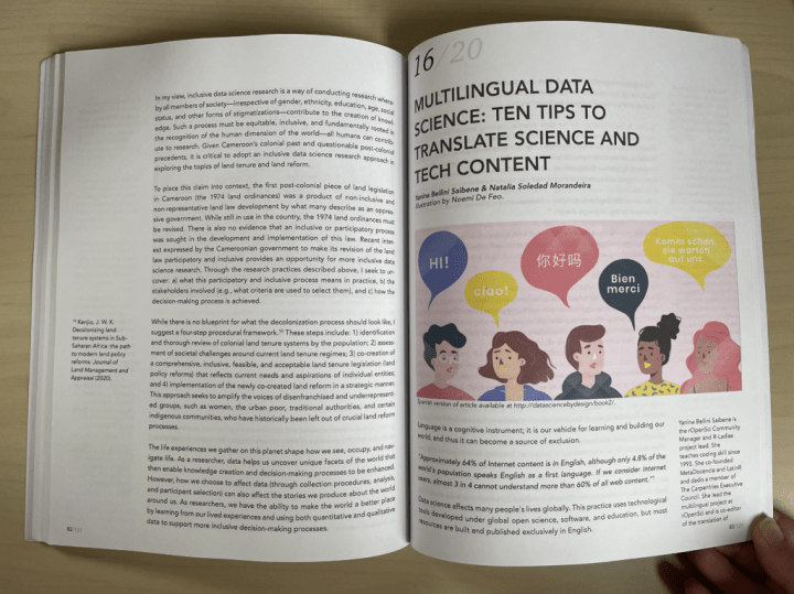 An open book with the title: Multilingual Data Science: Ten Tips to Translate Science and Tech Content.