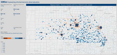 A landscape oriented, digital interface with several filters that maps the Free or Reduced Lunch status of public schools found in Kansas and Missouri.
