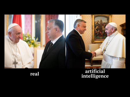 Two images side by side, depicting the same event: Hungarian Prime Minister Viktor Orban meeting with Pope Francis. The left image showing the actual meeting, while the right image is a depiction generated by Midjourney AI.