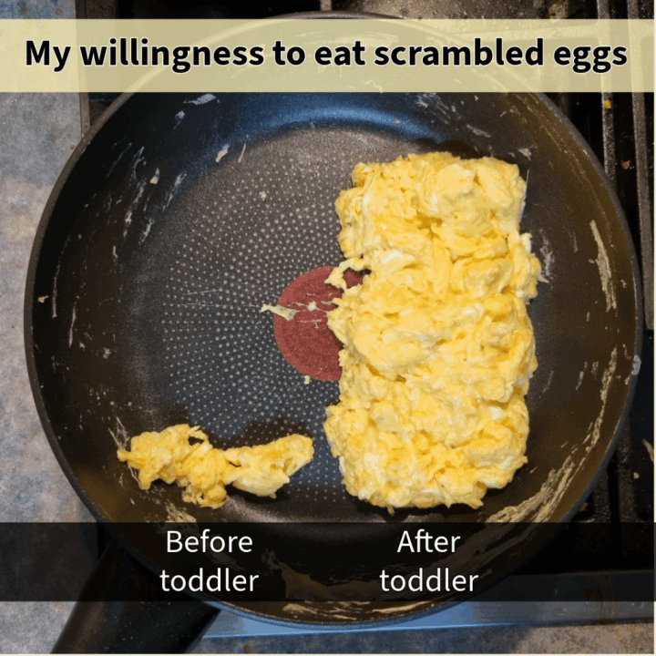 A physical column chart made of scrambled eggs in a frying pan. The chart is titled "My willingness to eat scrambled eggs". The first column is very small and captioned "before toddler", and the second column is much larger and captioned "after toddler".