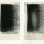 On left is a textile with a typewritten phrase from the Book of Common Prayer: "FROM PESTILENCE FAMINE BATTLE MURDER AND FROM SUDDEN DEATH GOOD LORD FROM LIGHTNING AND TEMPEST, FROM PLAGUE DELIVER US." The phrase is overtyped 549 times on the textile surface and eventually obscures itself. On the right is the same textile, after washing.