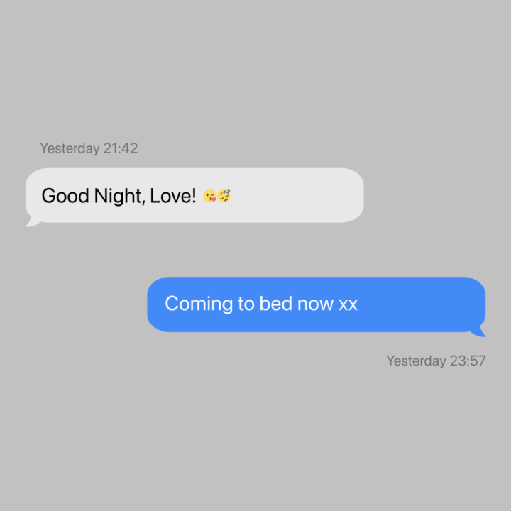 A text conversation between husband and wife. The incoming message says, "Good Night, Love" with a kissing emoji. The outgoing text says, "Coming to bed now xx"