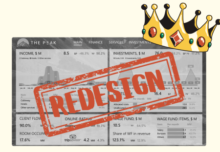 A dashboard with a big red "Redesign" stamp over it. A cartoonish crown hangs on the dashboard's top right corner.