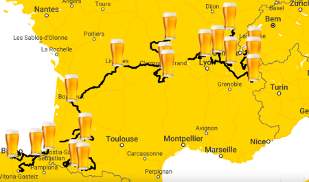 yellow map showing the tour de france, but our of beer glass icons