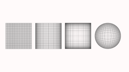 The image shows four grid visualizations demonstrating different distortion techniques. The top-left panel, labeled "Regular Grid," depicts a standard Cartesian grid with evenly spaced horizontal and vertical lines. The top-right panel, labeled "Fisheye in One Dimension," distorts horizontal grid lines to create a focused region while leaving vertical spacing unchanged. The bottom-left panel, labeled "Cartesian Fisheye View," applies a concentric distortion to the grid, emphasizing the center. Finally, the bottom-right panel, labeled "Polar Fisheye View," warps the grid into a circular shape, resembling a globe.